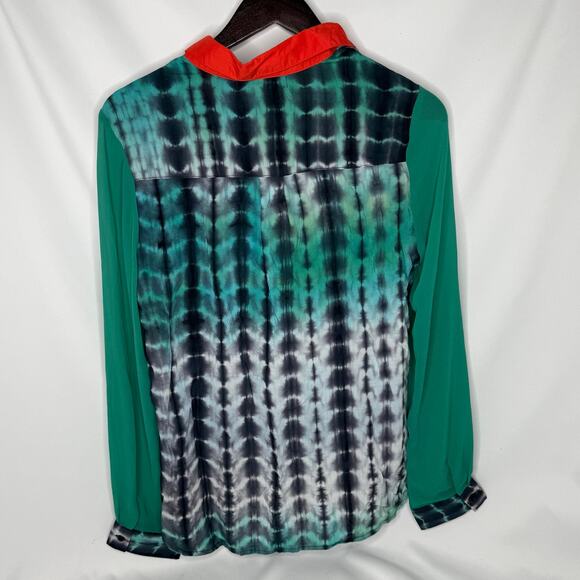 Billy By Flying Tomato Multi-Colored Sheer Blouse L Green Orange Tie Dye Boho - Picture 2 of 3